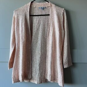 NY Collection Cardigan Women XS Open Weave Pink Sequins 3/4 Sleeve Barbie Core
